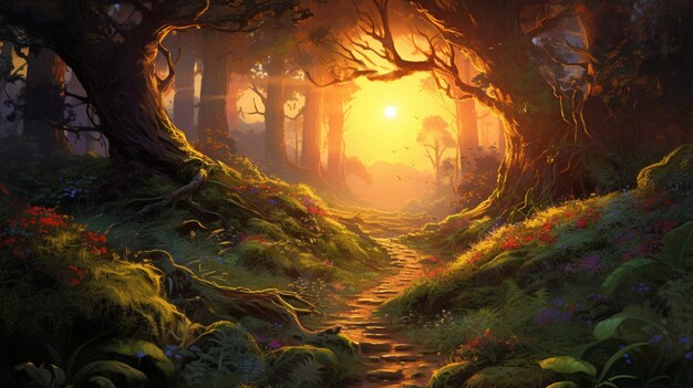 a bright sunset illuminates an ancient forest trail
