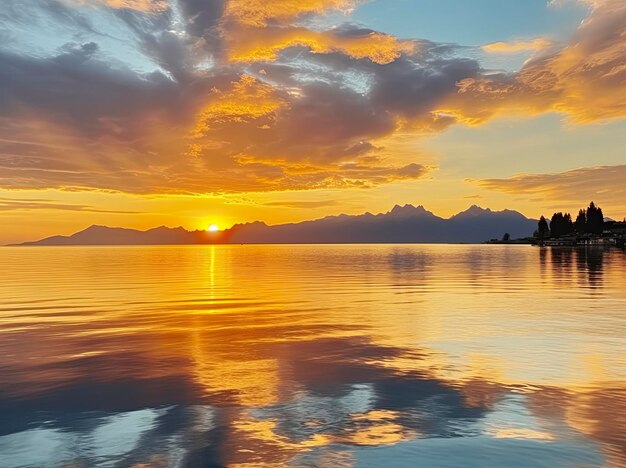 湖の上の明るい夕暮れ 金色の雲が水に反射する