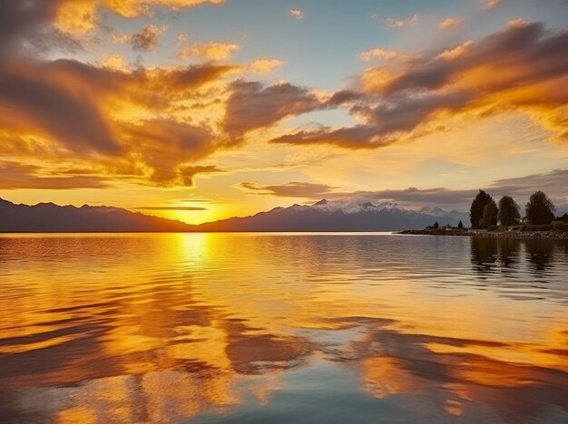 Foto il tramonto luminoso sopra le nuvole dorate del lago si riflette nell'acqua