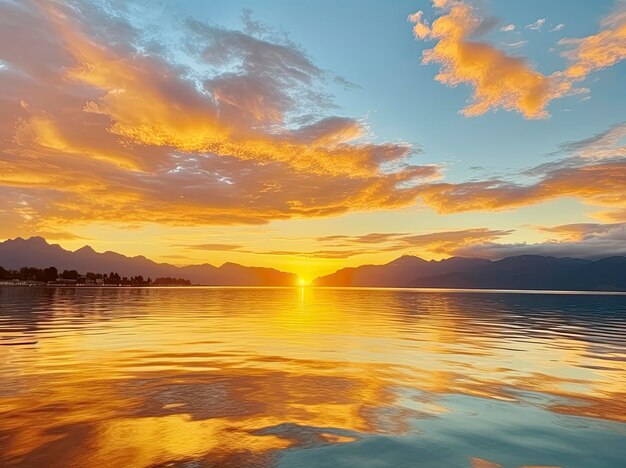 Bright sunset over lake golden clouds reflect in the water