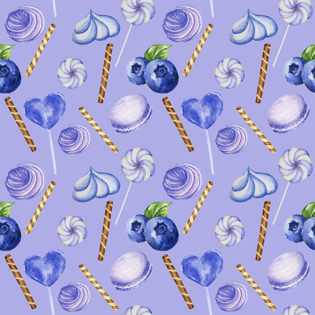 Bright Sweet delicious watercolor Seamless pattern with meringue waffle candy macaroons blueberries