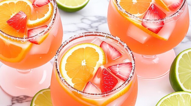 Bright tasty drinks in decorated glasses and sliced citruses