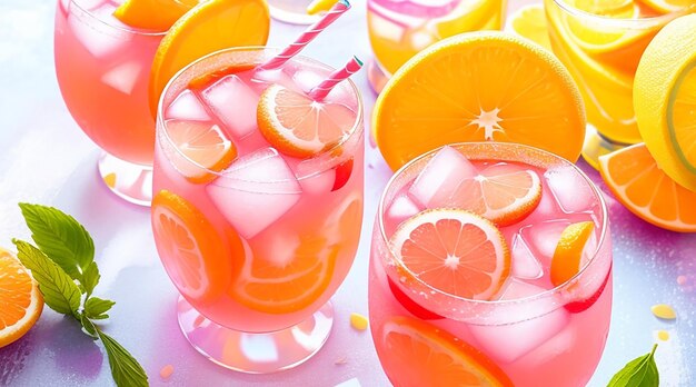Bright tasty drinks in decorated glasses and sliced citruses