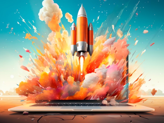 Bright technological startup concept with rocket takeoff from laptop Generative AI