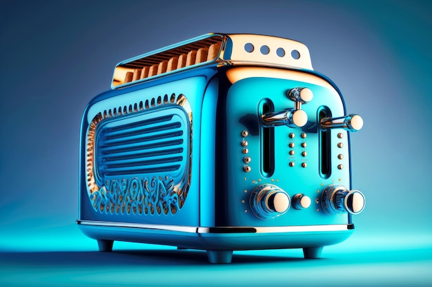 Bright toaster with shiny metal accents on blue background