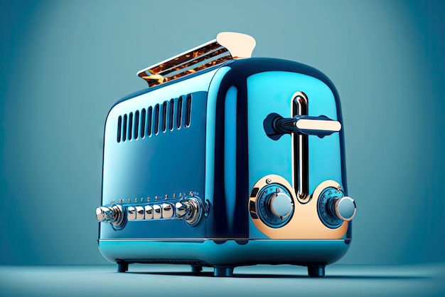 Bright toaster with shiny metal accents on blue background
