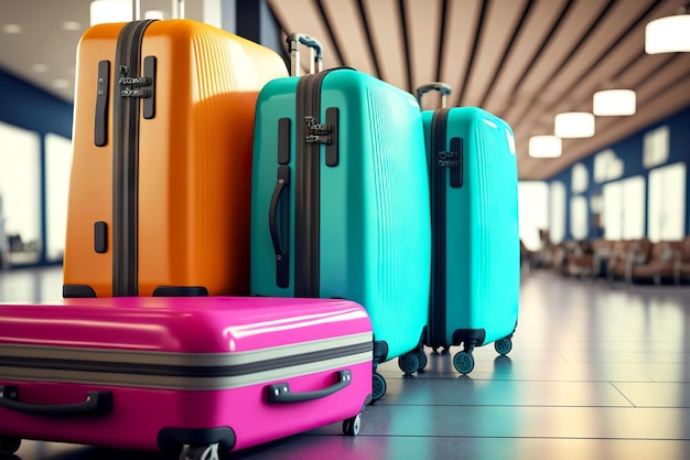 Bright travel suitcases and luggage bags in waiting area in airport baggage claim area