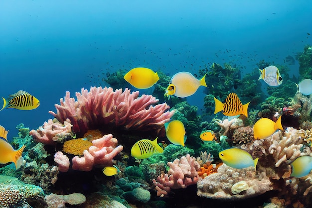 Яркие тропические рыбы в подводном мире с коралловым морским пейзажем