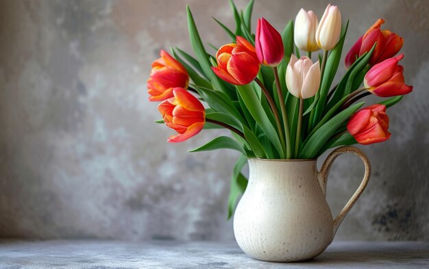 Bright Tulips in a Classic White Pitcher on a Sunny Day