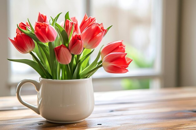 Bright tulips in coffee mug