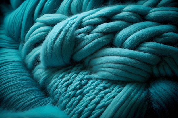 Bright turquoise woolen threads brains from yarn macro view knitting hobby needlework handmade natur