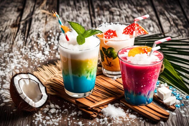 Фото Яркий декоративный коктейль с зонтиком и кокосовое молоко с соломой