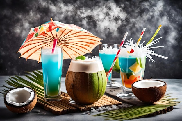 Фото Яркий декоративный коктейль с зонтиком и кокосовое молоко с соломой