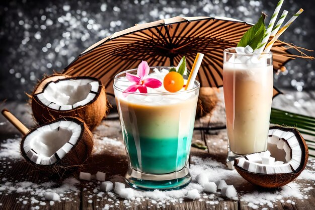 Bright umbrella decorated cocktail and coconut milk with straw