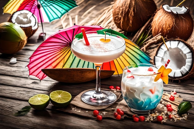 Bright umbrella decorated cocktail and coconut milk with straw