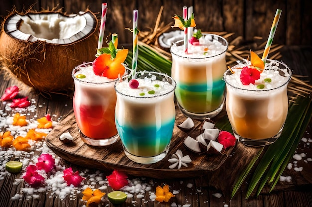 Bright umbrella decorated cocktail and coconut milk with straw