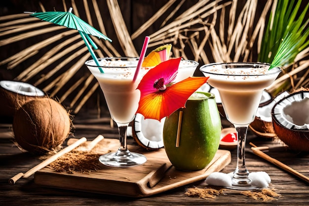 Bright umbrella decorated cocktail and coconut milk with straw