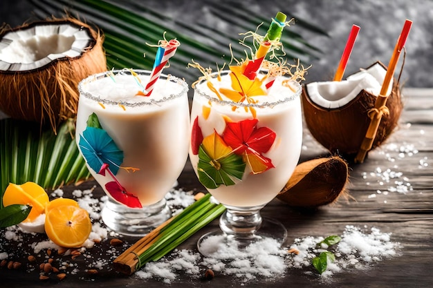 Bright umbrella decorated cocktail and coconut milk with straw