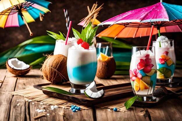 Bright umbrella decorated cocktail and coconut milk with straw