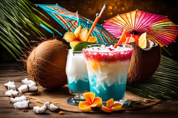 Photo bright umbrella decorated cocktail and coconut milk with straw