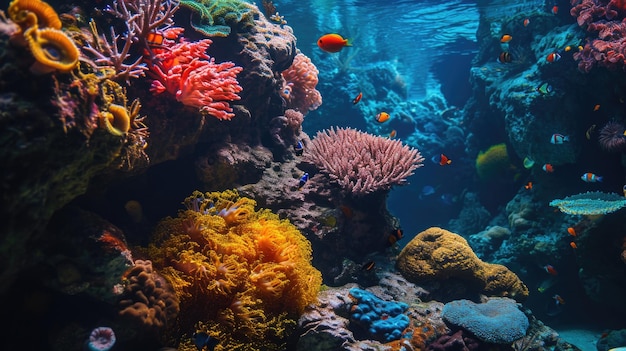 A bright underwater world with coral reefs