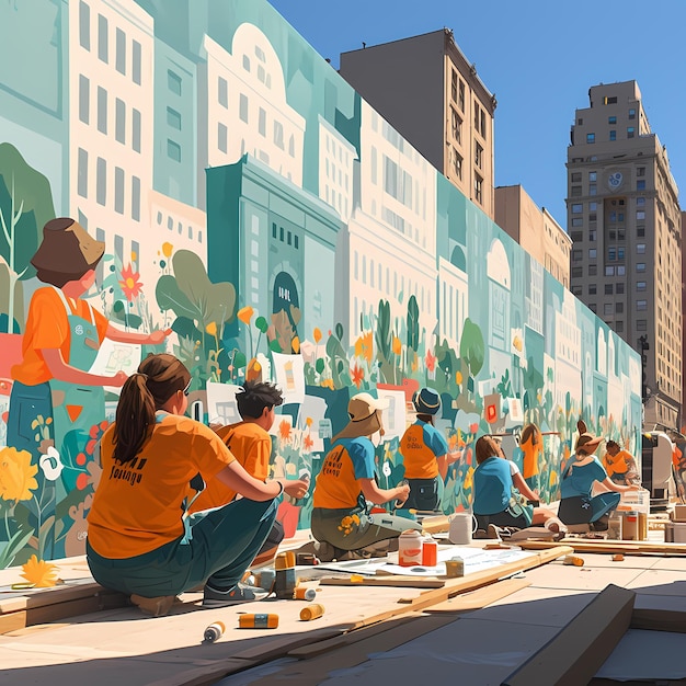 Bright Urban Art Mural with Artists at Work