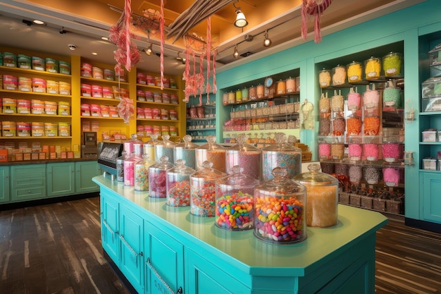 Bright and vibrant candy shop with cheery colors and custom packaging