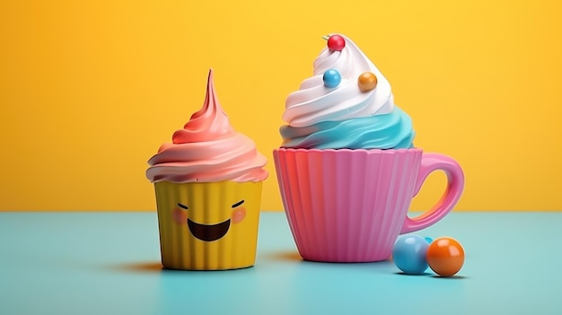 Bright vibrant cartoon plasticine cup of coffee with cream and decorated smiling muffin