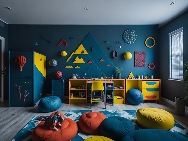 Bright vibrant colors kids' playroom features interior generative AI