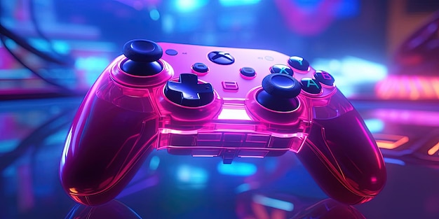 A bright video game controller is shown by a strong light in the style of neon lights