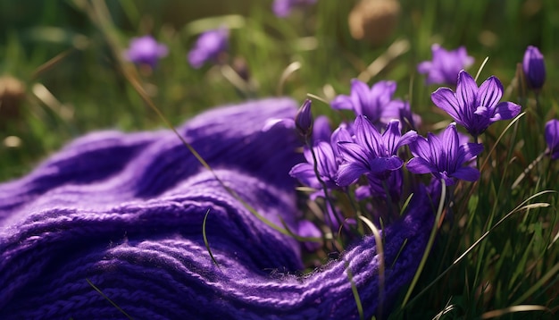 A bright violet blooms in the green grass in spring