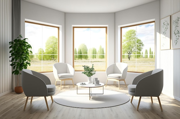 Bright waiting room with four comfy couches panoramic window with countryside view wooden parquet floor Minimalist Scandinavian meeting space Mockup