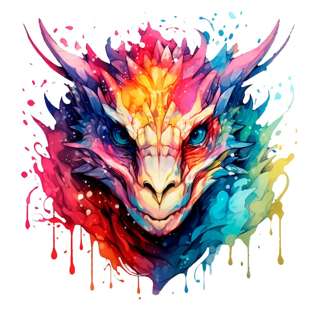 Bright watercolor dragon with streaks and splashes AI generatedDragon print for tshirtNeon color