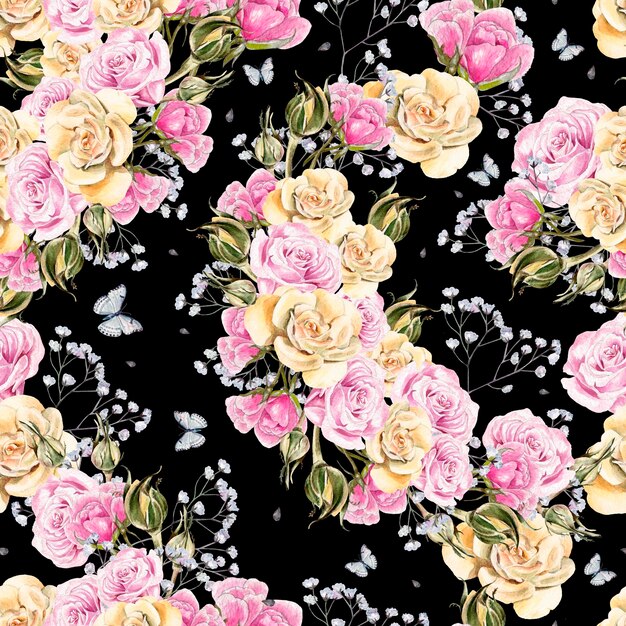 Bright watercolor flowers seamless pattern with roses and butterflies