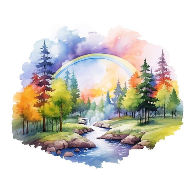 Bright watercolor landscape rainbow nature illustration forest mountains trees