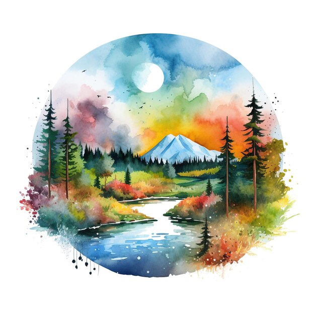 Bright watercolor landscape rainbow nature illustration forest mountains trees