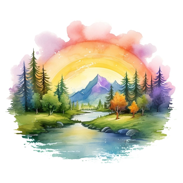 Bright watercolor landscape rainbow nature illustration forest mountains trees
