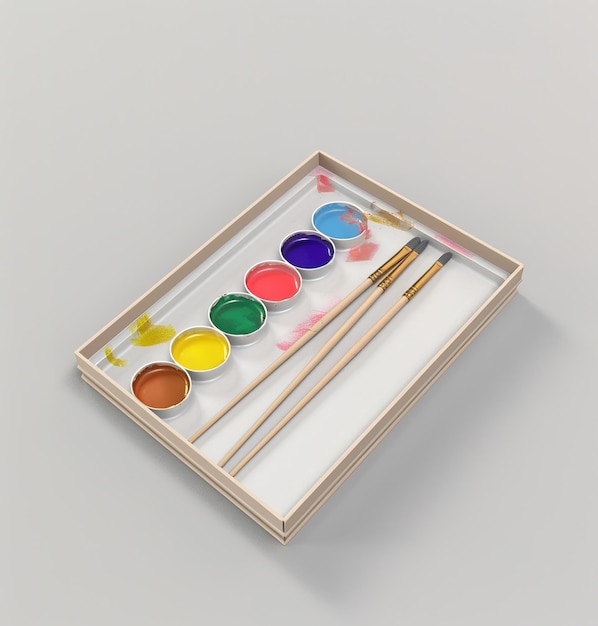 Bright watercolor paints and brushes in a wooden tray products for creative painting
