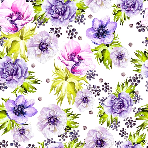 Bright watercolor pattern with anemone flowers and berry Illustration