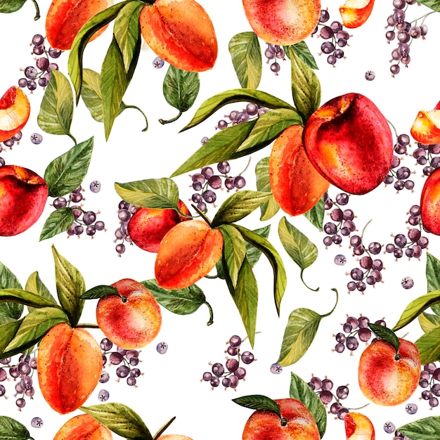 Bright watercolor pattern with currant and peach fruits Illustration