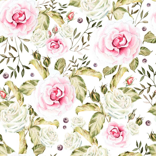 Bright watercolor seamless pattern with flowers buds and leaves of roses Illustration