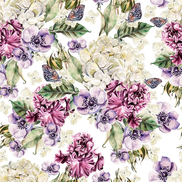 Bright watercolor seamless pattern with flowers iris anemones and hydrangea