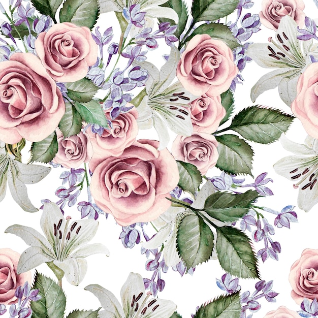 Bright watercolor seamless pattern with flowers lilies roses and lilacs illustrations