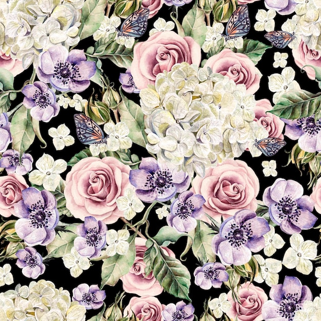 Bright watercolor seamless pattern with flowers roses anemones and hydrangea Illustration