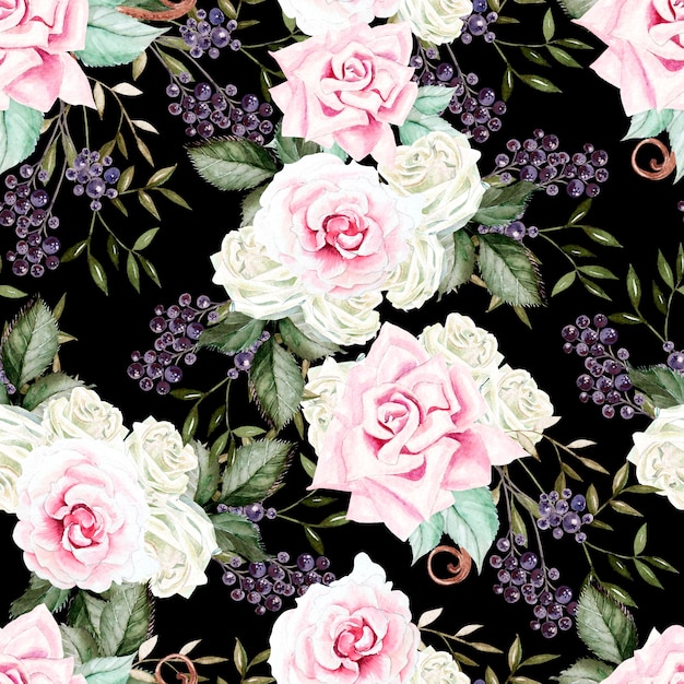 Bright watercolor seamless pattern with flowers roses, blackberries.