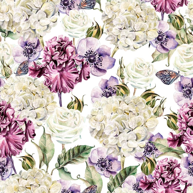 Bright watercolor seamless pattern with flowers roses irises anemones and hydrangea