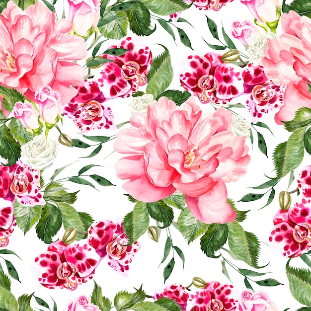 Bright watercolor seamless pattern with flowers roses peony and orchids Illustration