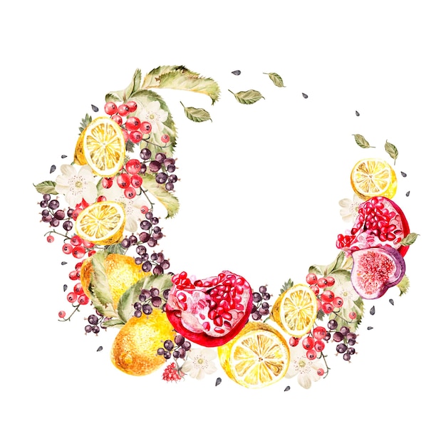 Bright watercolor wreath with color fruits