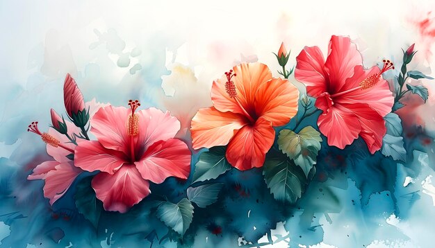 Bright watercolour hibiscus flowers