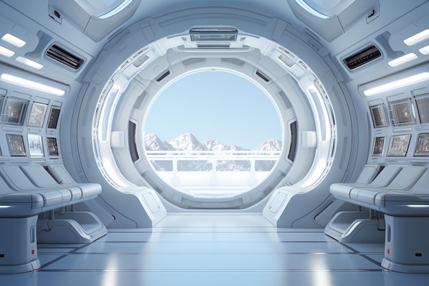 The bright white interior of a spaceship you can see the ground through the window Generative AI